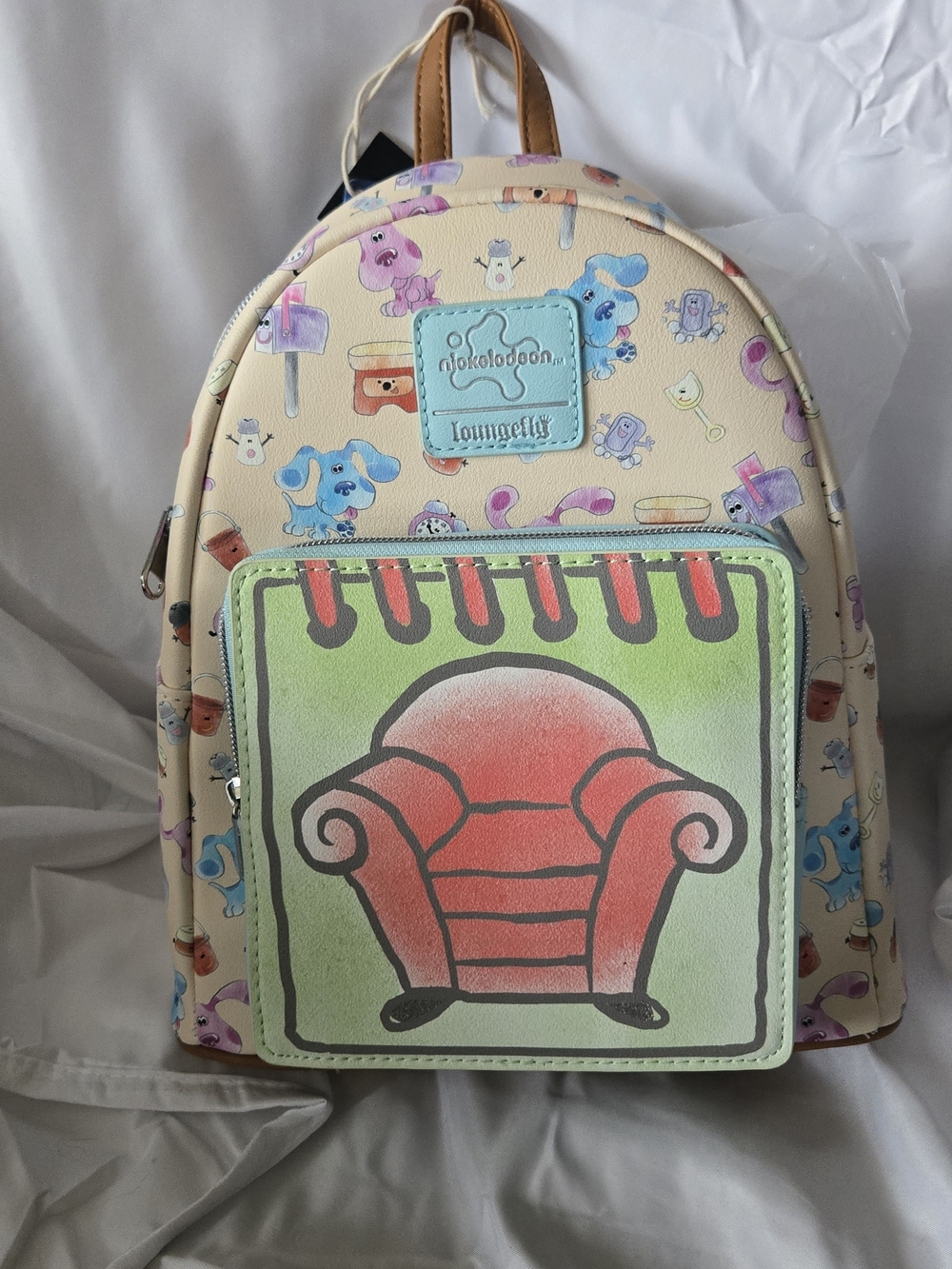 Loungefly Beige Blue Pink Kids Backpack with Red Chair Front Pocket